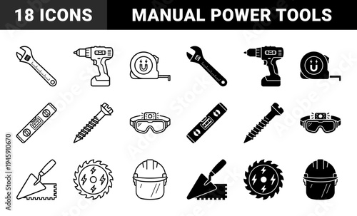 Construction tool icon set featuring hybrid symbols like magnetic tape measures and electric saw blades in outline and solid glyph styles