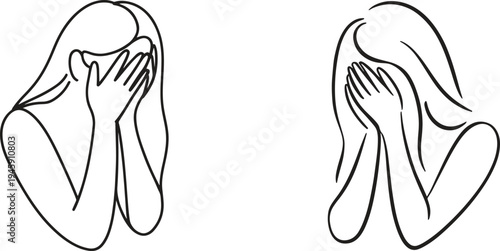 Two minimalist line art illustrations depict women covering their faces in sorrow or distress.