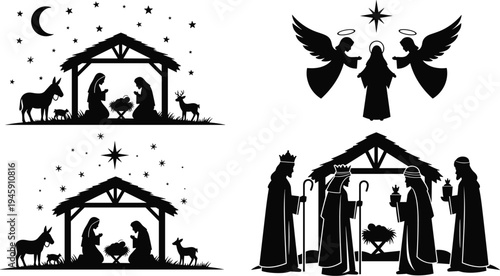 Nativity scene silhouette collection, Mary Joseph baby Jesus, angels with star, three wise men gifts, Christian Christmas illustration, religious holiday artwork, festive vector design set
