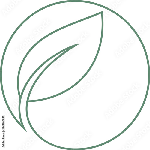 Simple continuous line art logo design featuring a single stylized green leaf enclosed within a perfect circular outline representing nature.