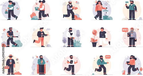Flat design illustrations of people engaged in various activities