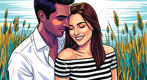 Young couple embracing in a golden field of reeds under a blue sky