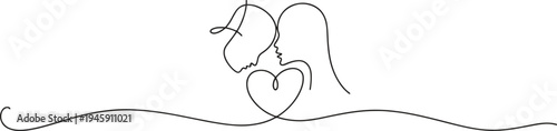 A minimalist continuous line drawing portrays a loving couple with a heart shape between them.