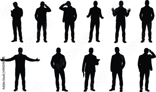 Collection of businessman silhouettes in different standing poses and gestures, professional male figures isolated for corporate presentation, business communication, leadership and teamwork concepts 