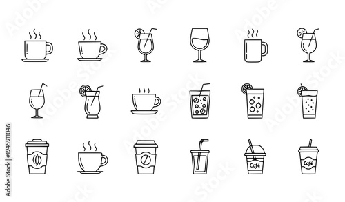Thin Line Cafe Drink Icons Coffee Tea Wine Beverage UI Vector Set
