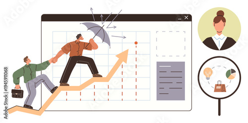 Business strategy, teamwork, financial growth, leadership, risk management, professional development. Two people climbing an arrow graph with an umbrella. Business strategy and teamwork