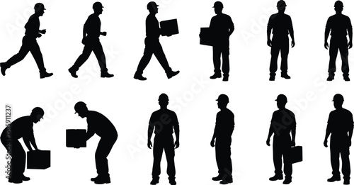 Collection of construction worker silhouettes carrying boxes, walking, lifting loads and standing, manual labor poses isolated set for industry, logistics, warehouse and workforce concepts