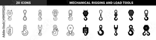 Heavy duty industrial lifting equipment icons featuring crane hooks combined with mechanical gears chains and digital weight scale displays