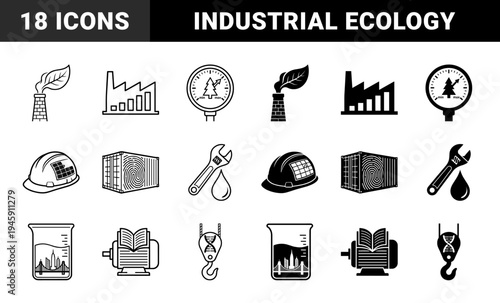 Black and white hybrid industrial icons featuring conceptual combinations of factory chimneys with leaves and solar powered safety hard hats