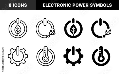 Hybrid power button symbol set merging electronic start controls with eco leaf usb gear thermometer and heart rate pulse wave graphics