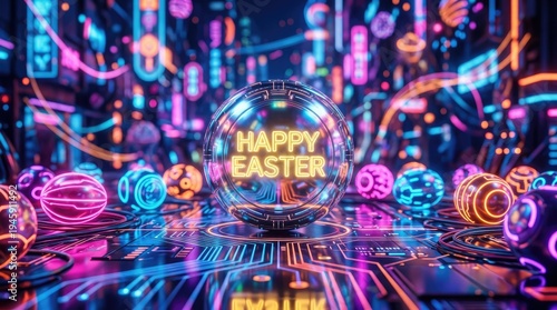 Futuristic cyberpunk easter celebration with neon glowing crystal egg and digital city lights