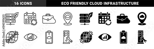 Hybrid sustainability and digital infrastructure icons merging server hardware with organic leaves cloud computing and renewable energy battery symbols
