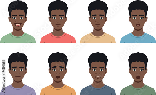 Set of eight different emotions of an african american man on transparent background