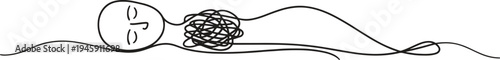 A continuous line drawing shows a person lying down with tangled thoughts over their chest.