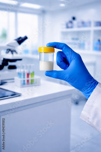 a lab worker holds a semen sample