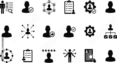 Human resources and recruitment icons set with employee profile rating checklist network and hiring process vector illustration