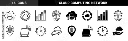 Hybrid Data Management and Cloud Computing Icons Integrating Database Cylinders with Connectivity Symbols Location Markers and Time Management Elements