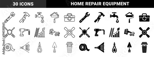 Hybrid home maintenance and renovation symbols merging tools with efficiency concepts like electricity plumbing and sustainable growth in outline and solid styles