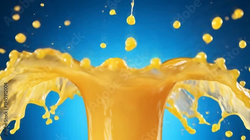 Vibrant splash of orange liquid against a blue background