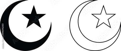 Islamic Crescent Moon and Star Icon – Muslim Religion Symbol Vector Illustration