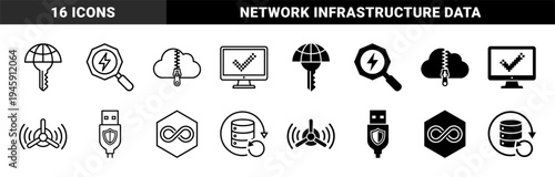 Monolinear Hybrid Symbols for Cybersecurity and Digital Infrastructure Featuring Global Access Cloud Storage and Data Backup Concepts