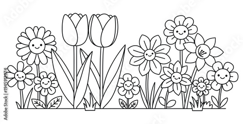 Charming black and white outline illustration depicting a cheerful collection of smiling cartoon flowers including tulips and daisies ready for coloring pages