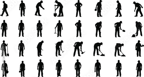 Collection of construction worker silhouettes showing manual labor poses with shovel pickaxe tools digging cleaning carrying equipment isolated set for industry workforce design