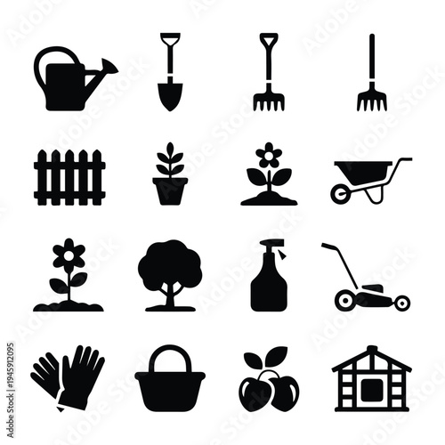 A set of gardening tools and icons in a flat, minimalist design style