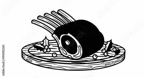 Festive rack of lamb on a wooden platter with holly