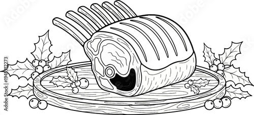 Festive roast rack presented on a wooden platter with holly
