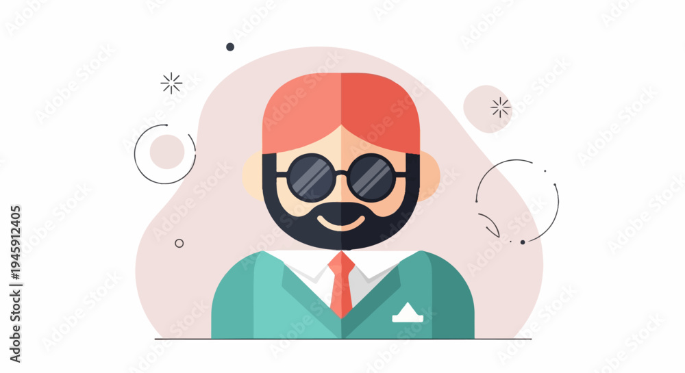 Obraz premium Flat avatar of a man with beard, sunglasses, and suit