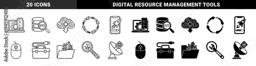 Hybrid technical data and hardware development icons featuring merged symbols like database magnifying glass and satellite camera lens