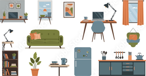 Diverse household items depicted in flat, illustrative style