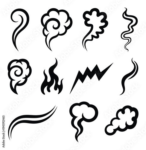 Collection of Black and White Smoke, Steam, and Fire