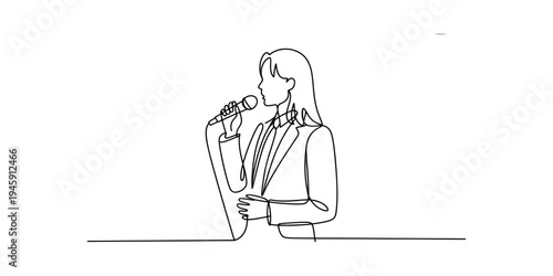 Continuous line drawing of a woman speaking into a microphone during a public event or presentation. Vector, illustration