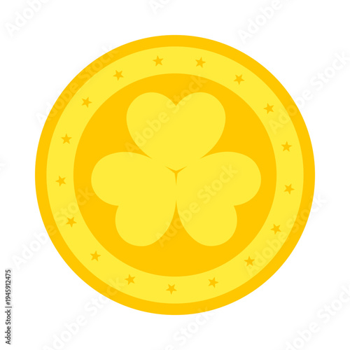 St. Patrick's Day Gold Coin with Shamrock. Lucky Irish Vector Icon
