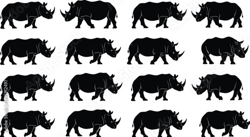 Rhinoceros silhouette collection, wildlife animal outline, safari figure design, nature motif illustration, African fauna icon, endangered species art