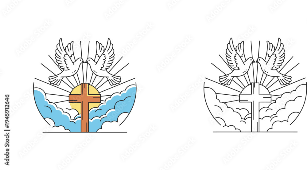 Fototapeta premium Easter Sunrise Cross with Doves - Symbol of Resurrection and Peace
