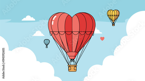 Bright red heart shaped hot air balloon flying among puffy clouds in a clear blue sky with other smaller balloons.