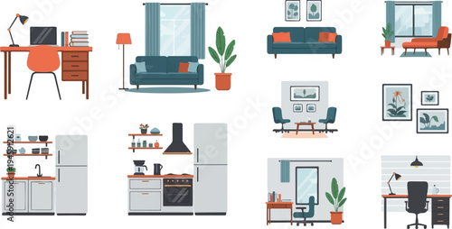 Diverse interior scenes, including living rooms, kitchens, and home offices