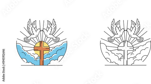 Easter Sunrise Cross with Doves - Symbol of Resurrection and Peace