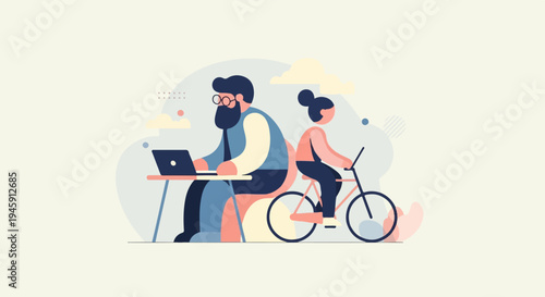 Diverse people engage in separate activities, one working on a laptop, the other cycling