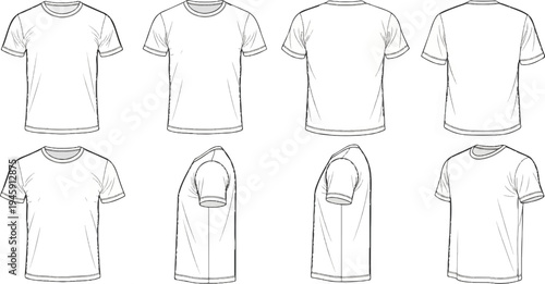 Eight different views of a plain white t-shirt, front, back, side profiles