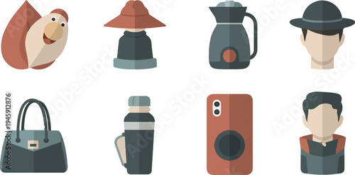 Eight flat vector icons of everyday objects and stylized human figures