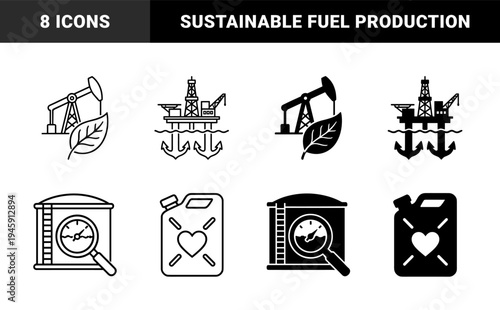 Sustainable energy hybrid icons featuring oil pump jacks with leaves offshore rigs with anchors and fuel canisters with heart symbols in line and solid style