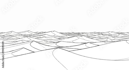 Endless, undulating sand dunes stretch towards a vast, empty horizon under a bright sky