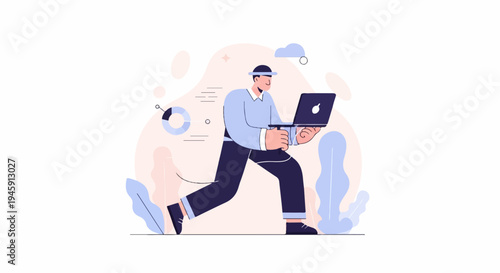 Energetic individual in casual attire strides forward with a laptop