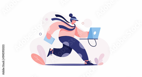 Energetic person running with laptop and document in a stylized, abstract setting
