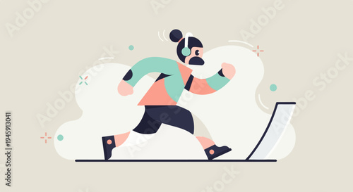 Energetic person running on treadmill with headphones, abstract background