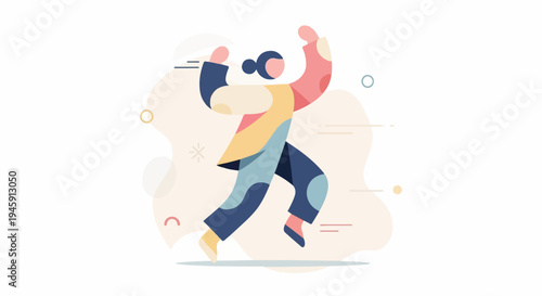 Energetic person in colorful clothing running with arms raised in celebration